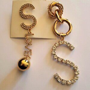 Goldtone & Rhinestone Long Dangling Pierced Earrings